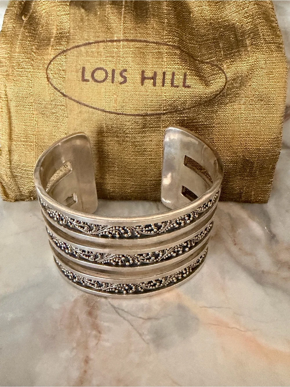 Lois Hill Silver Granulated Scroll Cuff Bracelet - 925 Silver